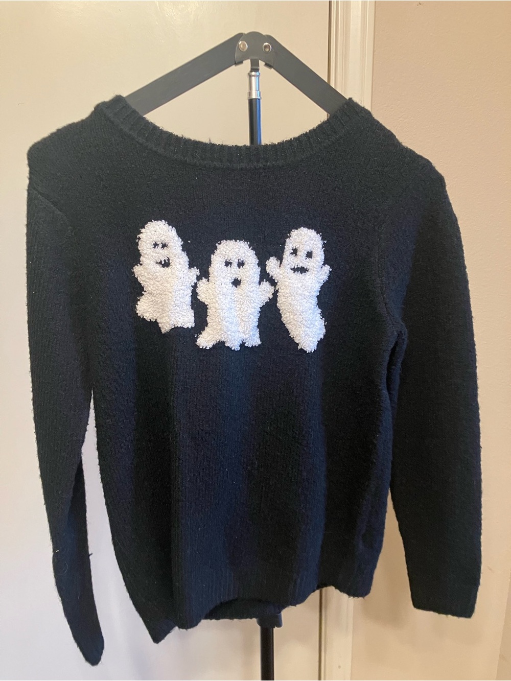 Cupcakes and Cashmere Black Ghost Halloween Crewneck Knit Sweater - Size Small